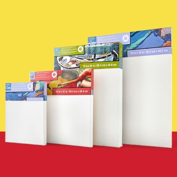 four blank canvases on yellow and red background