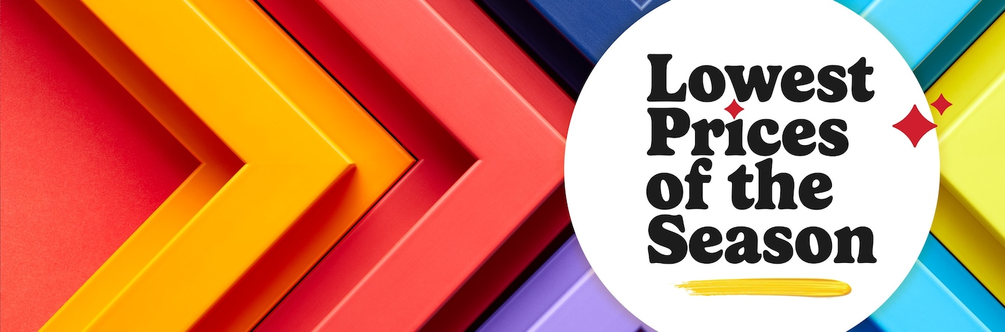 orange, red, purple and blue frame corners with lowest prices of the season logo